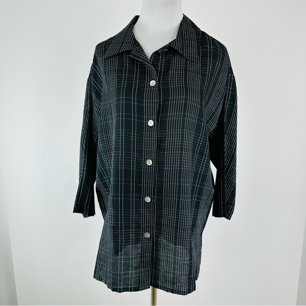 Christopher Calvin Linen Blend Black White Plaid Button Front Shirt Size Medium